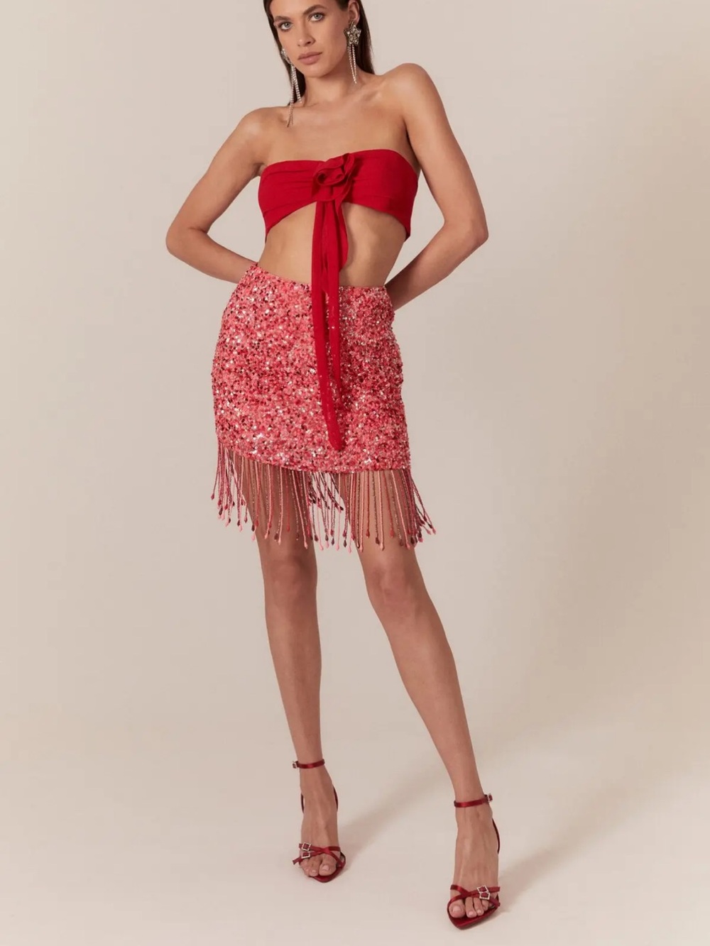 Bardot Coral Sequin Fringe Mini Skirt